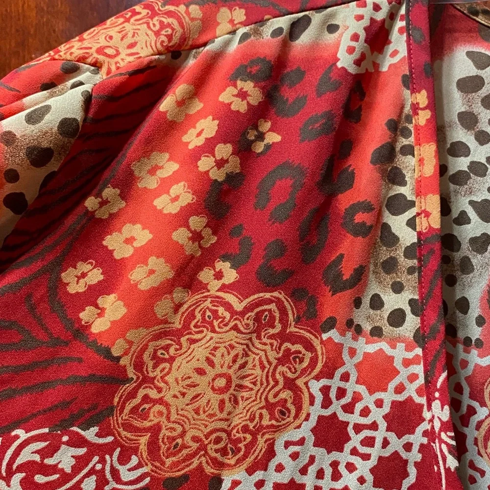 Maggie Barnes Vibrant Red, Cream, brown and Orange Patterned size 32W duster
